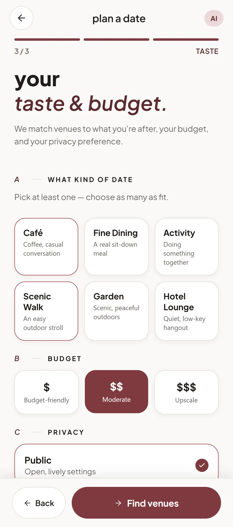 DateDerech planner, step 3 of 3: choose the kind of date and a budget, with Café and Scenic Walk and a moderate budget selected