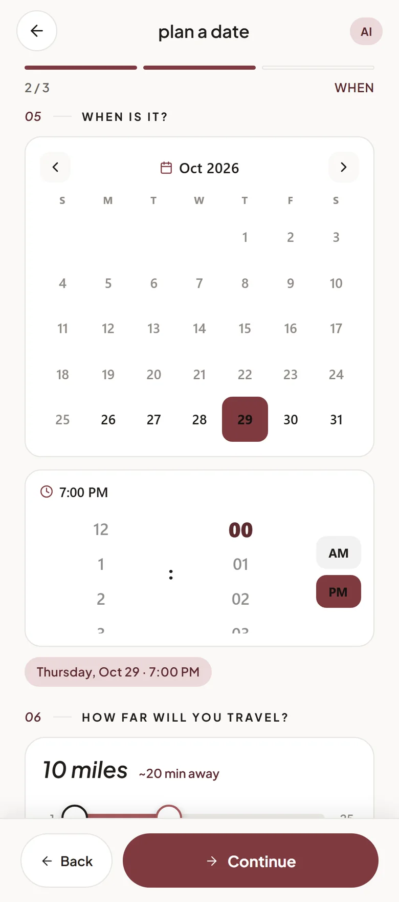 DateDerech planner, step 2 of 3: pick the day and time, with Thursday, October 29 at 7:00 PM selected