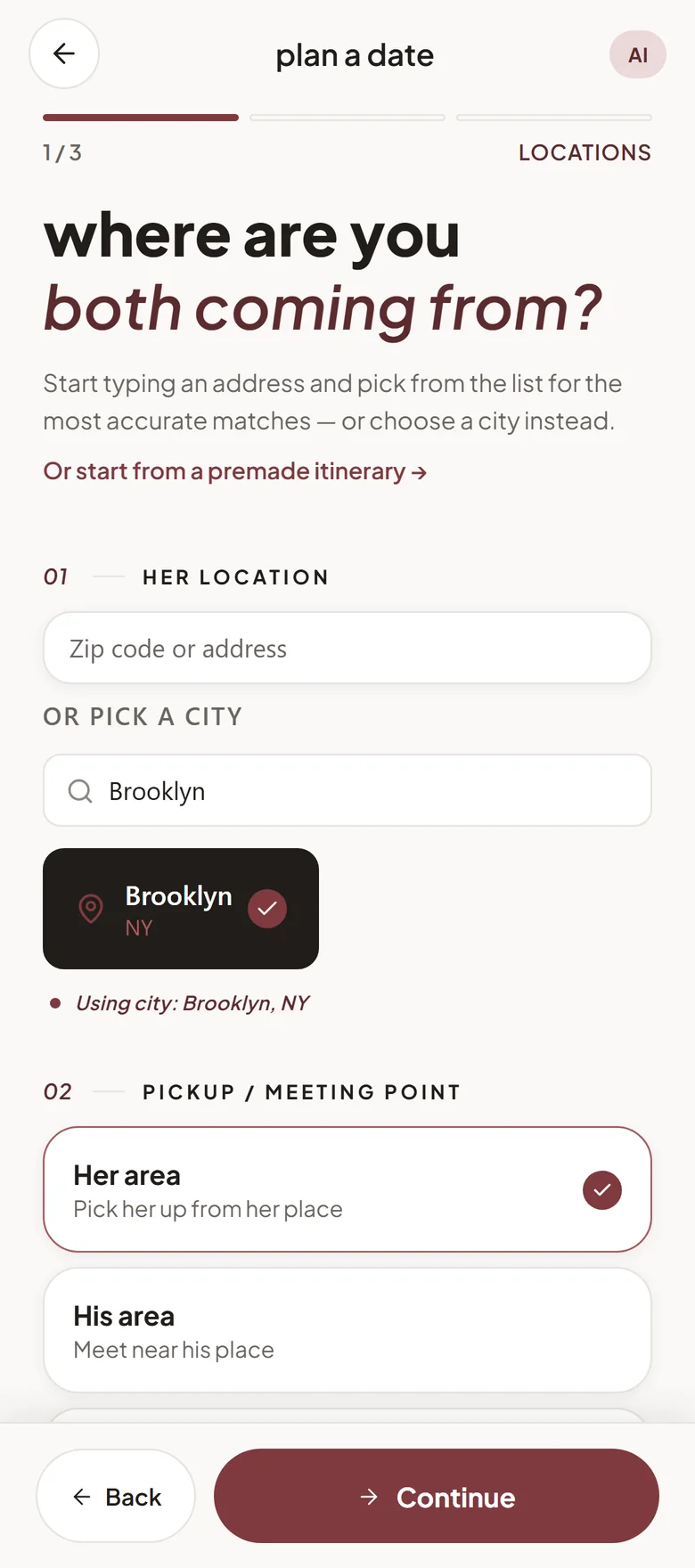 DateDerech planner, step 1 of 3: choose where you are both coming from, with Brooklyn, NY selected